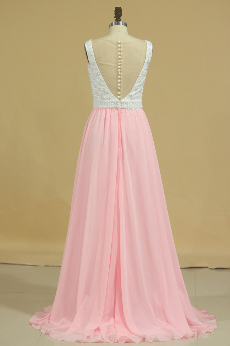 2022 New Arrival Prom Dresses Scoop A Line Chiffon With Beading Sweep Train