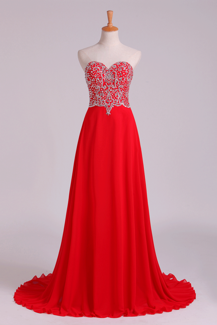 2022 Prom Dress Sweetheart A Line Floor Length With Beads Chiffon&Tulle
