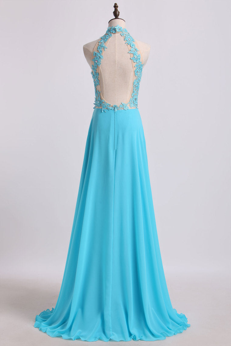 2022 High Neck A Line Prom Dresses With Applique&Beads Chiffon