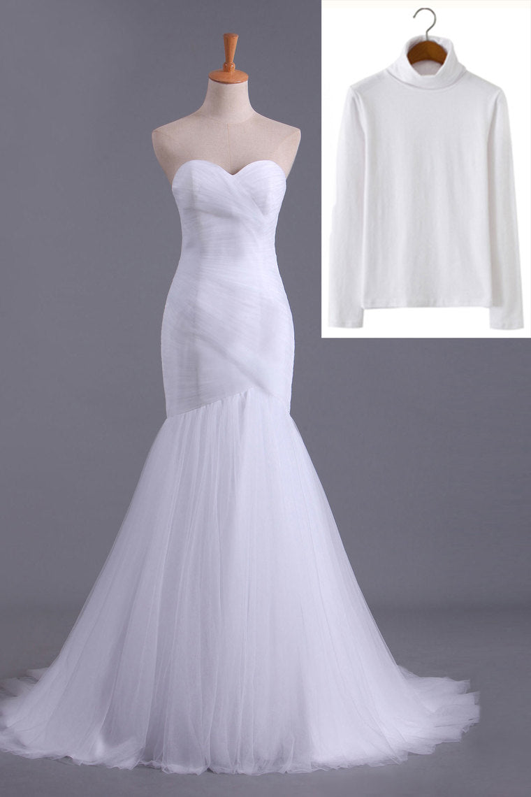 2022 High Neck Mermaid/Trumpet Muslim Wedding Dresses Pleated Bodice With Tulle Skirt Lace Up