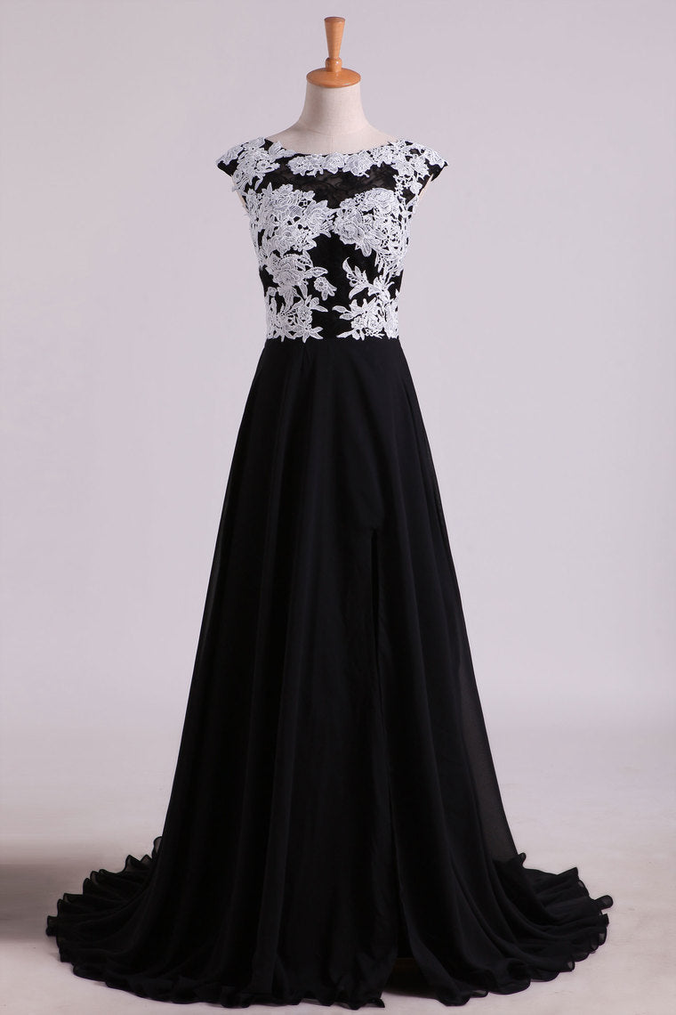 2024 Prom Dresses A Line Scoop Open Back With Applique & Slit Sweep Train Chiffon