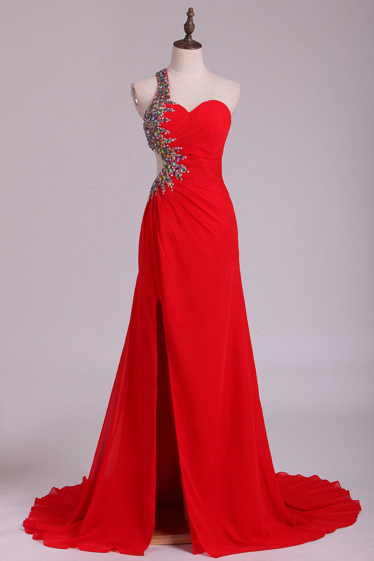 2022 One Shoulder Sheath Prom Dresses Red Chiffon With Beads And Slit