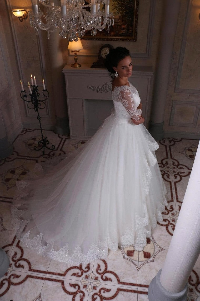 2022 3/4 Length Sleeve Wedding Dresses Ball Gown Tulle With Applique Sweep Train