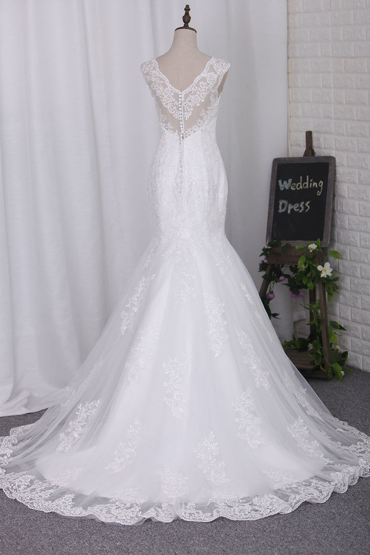 2024 Mermaid V Neck Wedding Dresses Tulle With Applique Chapel Train Detachable