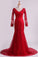 2022 Red V-Neck Evening Dresses Mermaid With Applique Lace And Tulle