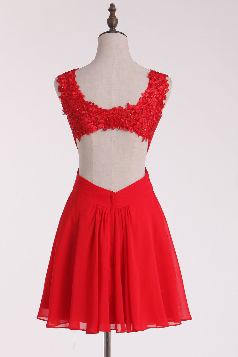 2022 Red Straps Homecoming Dresses A-Line Chiffon With Applique & Ruffles