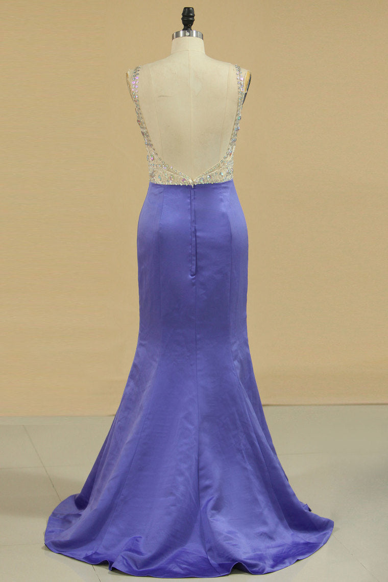 2022 Prom Dresses V Neck Beaded Bodice Open Back Mermaid/Trumpet Satin & Tulle Floor Length
