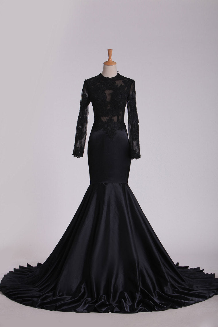 2022 Evening Dresses Scoop Long Sleeve With Applique Mermaid Elastic Satin