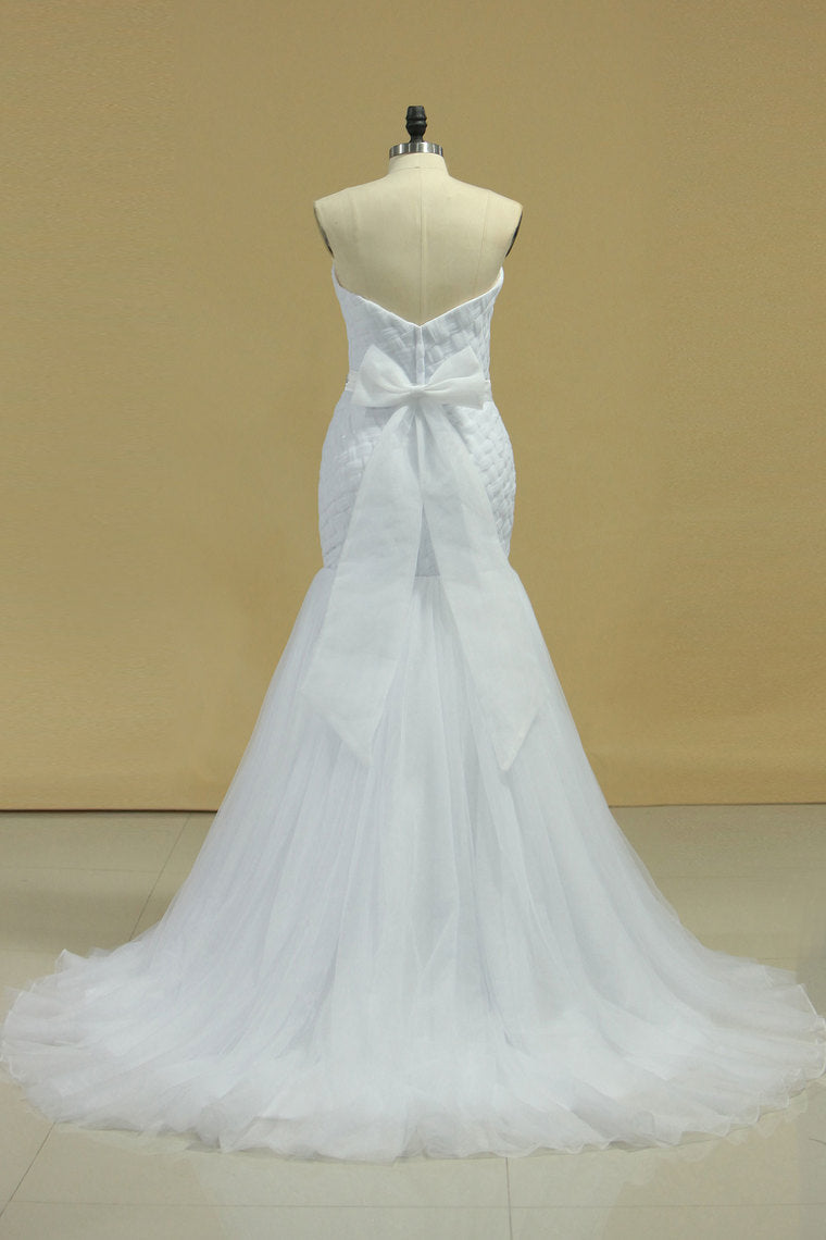 2022 Sweetheart Ruffled Bodice Mermaid Wedding Dress Tulle With Beading