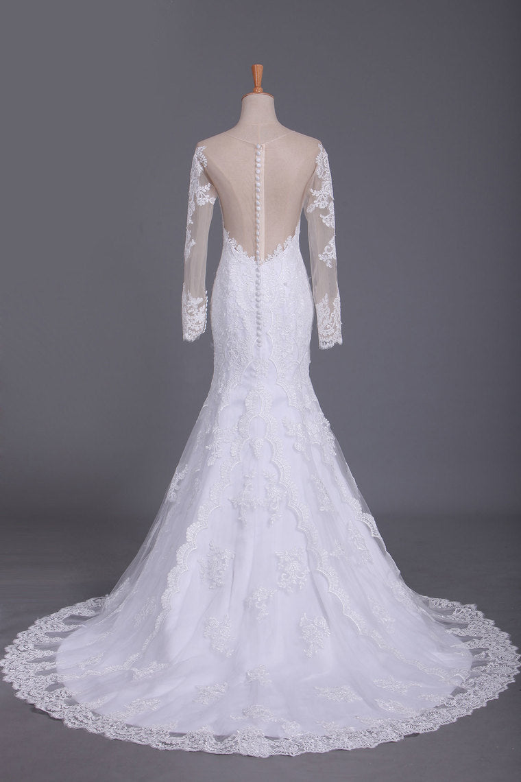 2022 Wedding Dresses Mermaid Scoop Long Sleeves Tulle With Applique Court Train