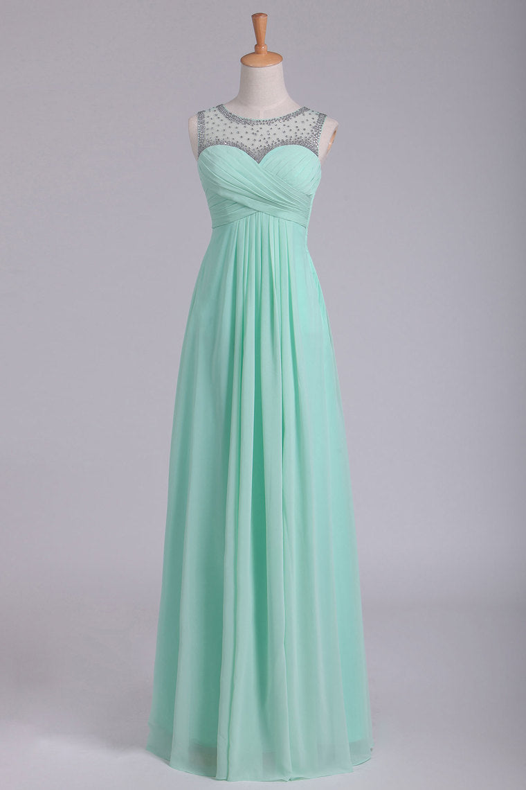 2024 Mint Scoop A Line Prom Dresses Chiffon With Beads & Ruffles Floor Length
