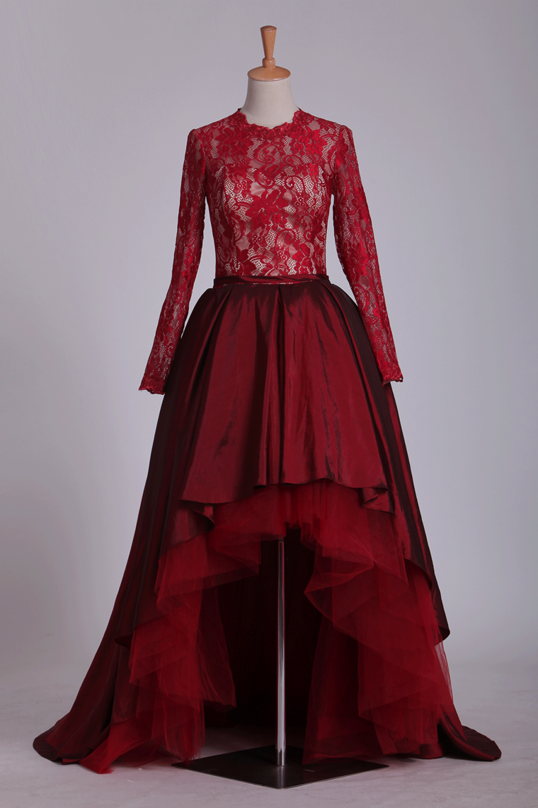 2022 Burgundy Asymmetrical Prom Dresses Long Sleeves Taffeta  & Tulle Hot