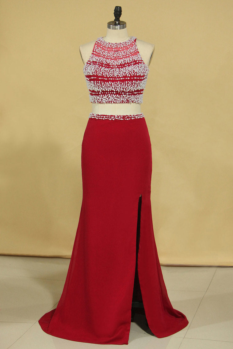 2024 Red Two Pieces Column Scoop Prom Dresses Burgundy Chiffon & Tulle With Beads And Pearls