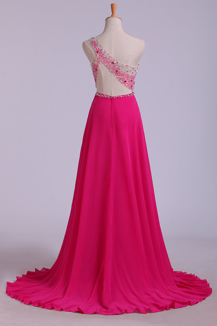 2022 Prom Dresses A Line One Shoulder With Beading Tulle & Chiffon Sweep Train
