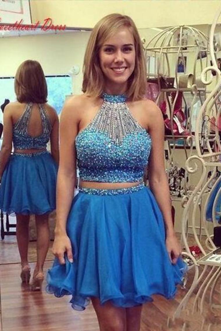2024 A Line/Princess Halter Homecoming Dresses Chiffon Beaded Bodice Two Pieces