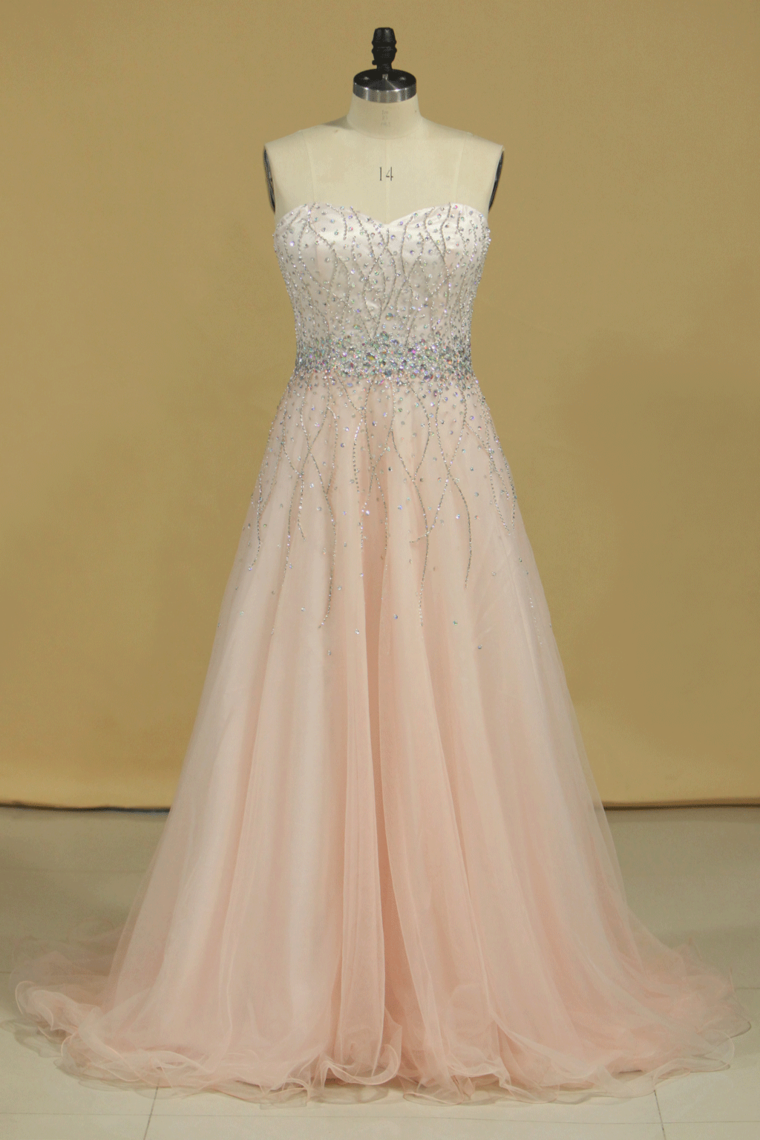 2022 Prom Dresses Sweetheart Tulle With Beading And Rhinestones Sweep Train
