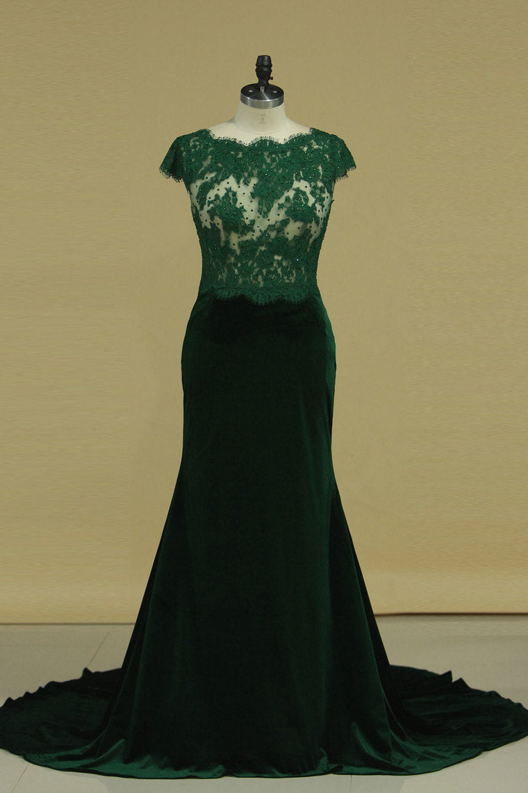 2022 Evening Dresses Scoop Short Sleeves Mermaid/Trumpet Velvet With Applique