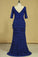 2022 Dark Royal Blue Mother Of The Bride Dresses Chiffon V Neck With 3/4 Length Sleeves