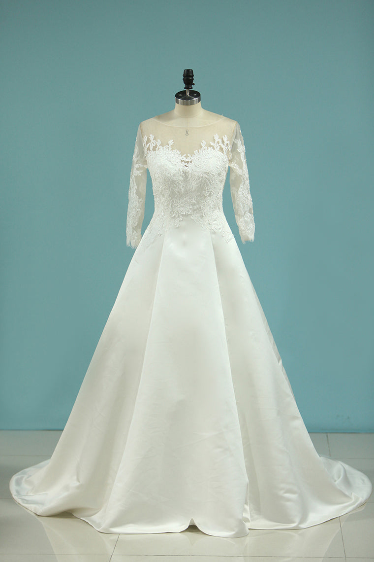2024 Deep V Back Boat Neck A Line Satin Wedding Dresses With Applique