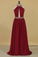 2022 A Line High Neck Chiffon Prom Dresses With Beads Open Back Sweep Train