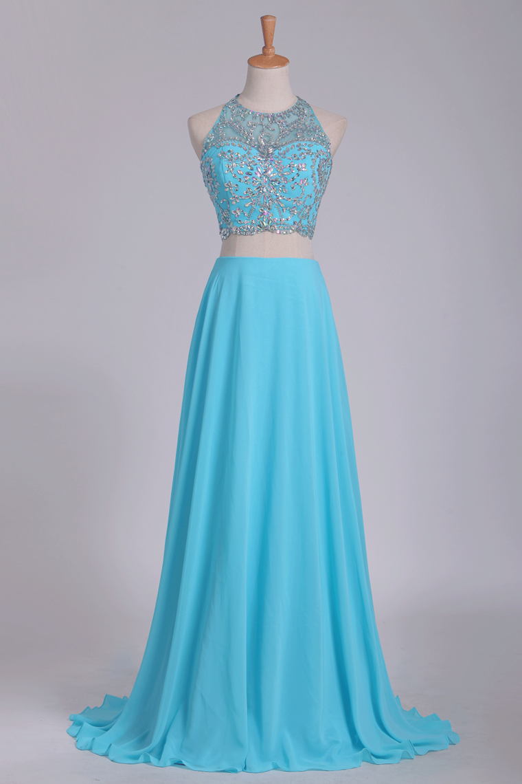 2022 Two Pieces Halter Beaded Bodice A Line Prom Dress Chiffon
