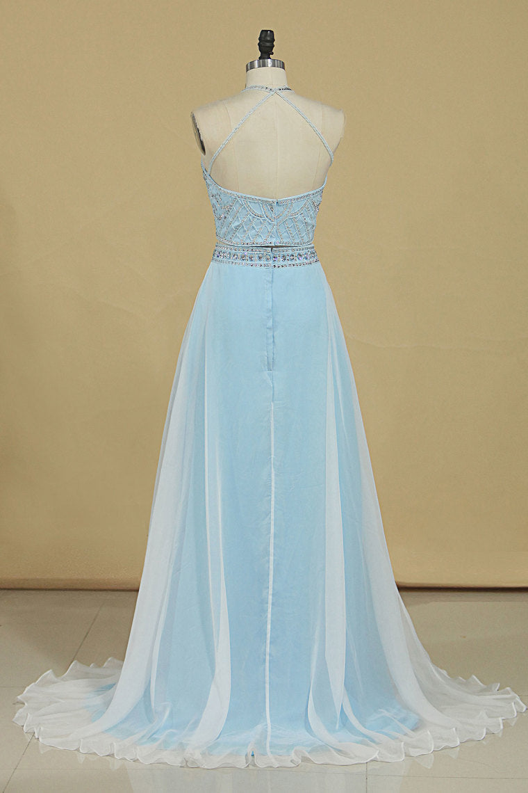 2024 Two-Piece Halter A Line Prom Dresses With Beading And Rhinestones Bicolor Chiffon & Tulle