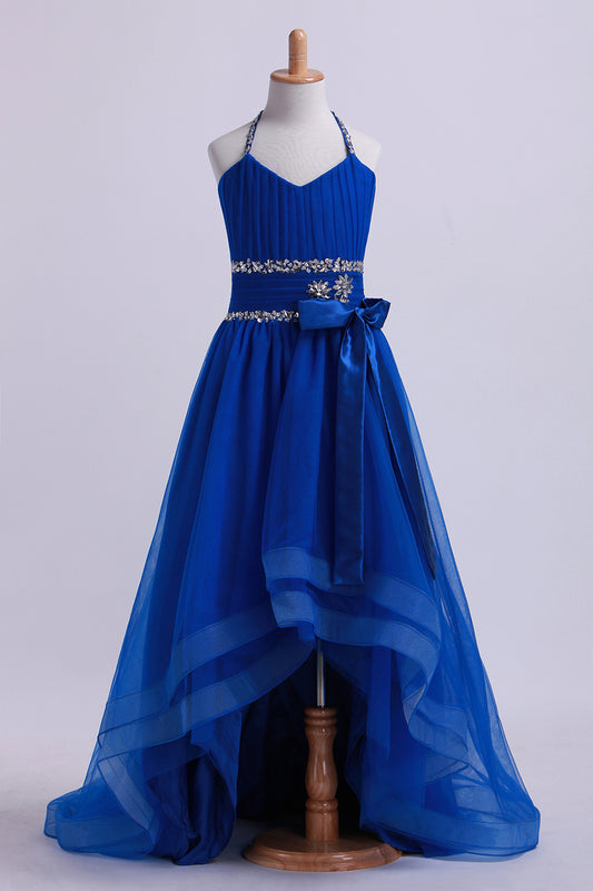 2022 Dark Royal Blue Halter A Line High Low Flower Girl Dresses Beaded Tulle