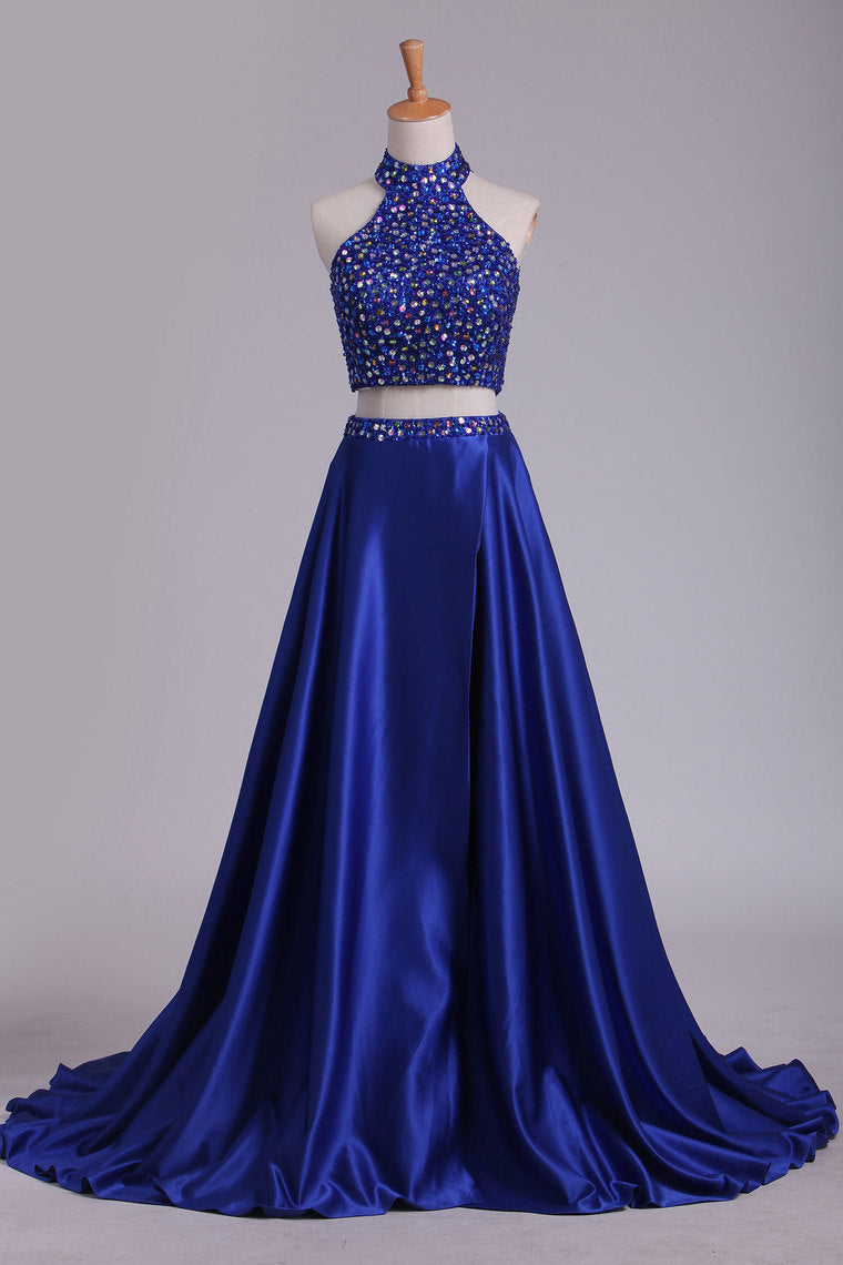 2022 Two Pieces High Neck Prom Dresses A Line Beaded Bodice Satin Dark Royal Blue