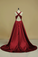 2022 Red V Neck Evening Dresses A Line Sweep Train  With Slit & Ruffles