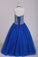 2022 Flower Girl Dresses Halter Beaded Bodice A Line Tulle Royal Blue