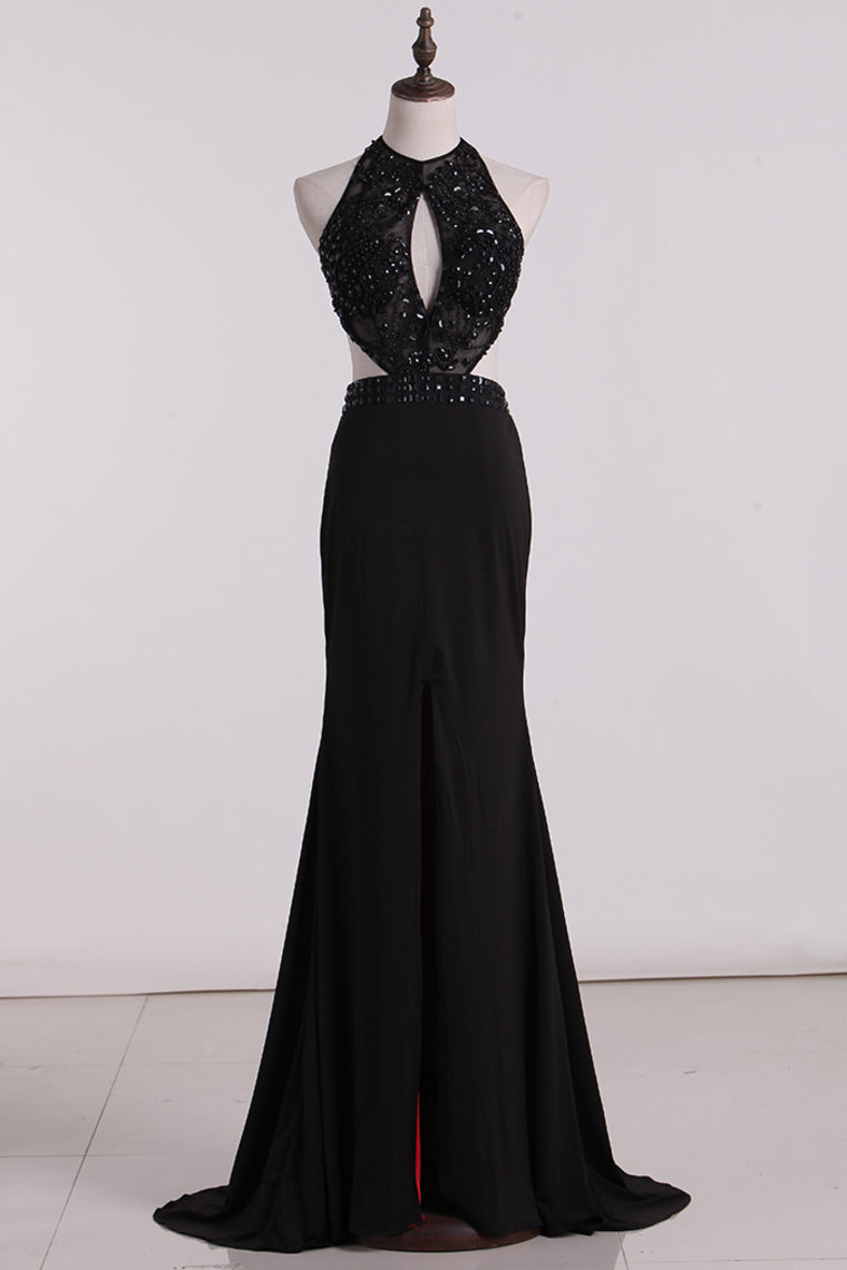 2024 See-Through Scoop Open Back Prom Dresses Spandex With Beads And Slit