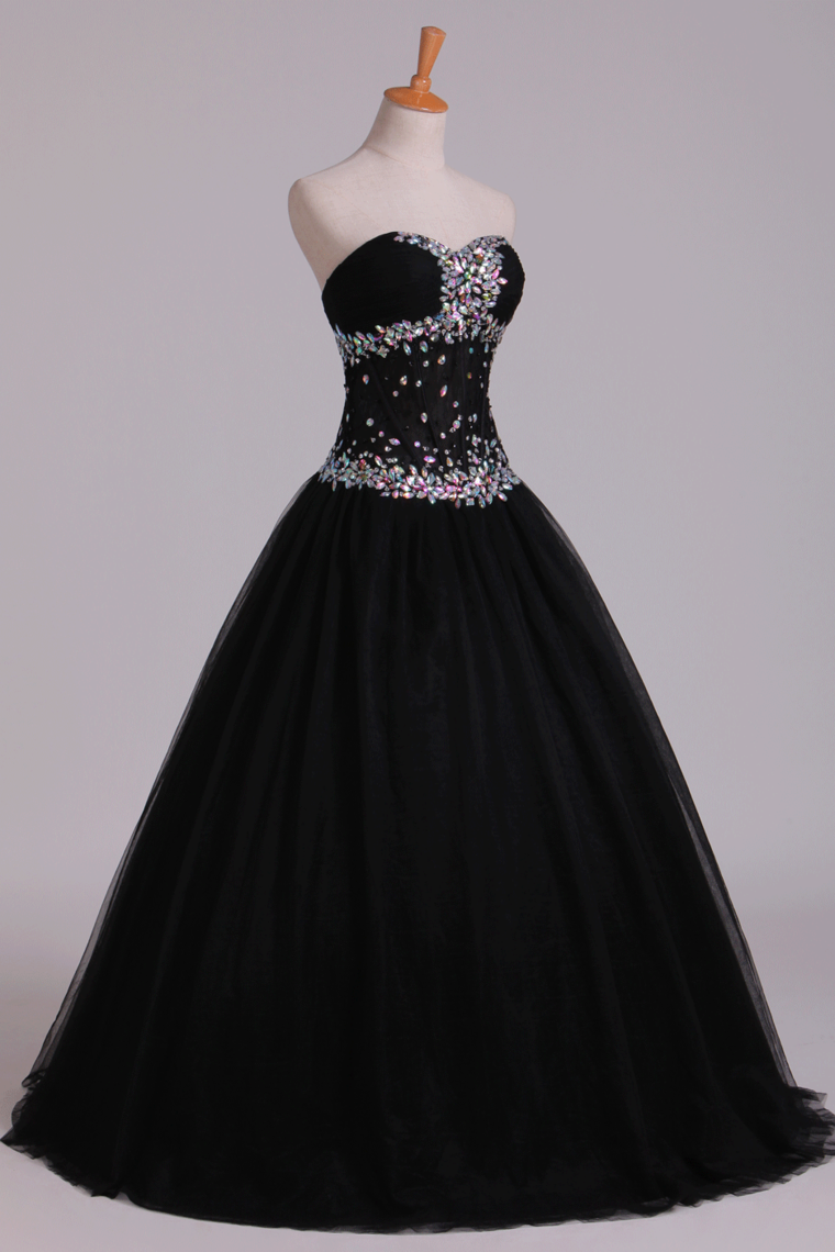 2024 Prom Dresses Ball Gown Black Sweetheart Tulle With Rhinestone Floor Length