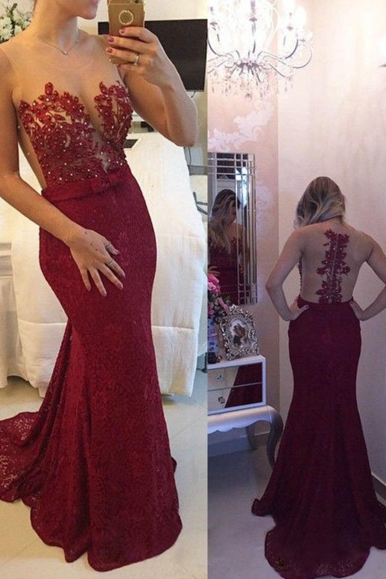 Scoop Mermaid Prom Dresses Lace & Tulle With Applique Burgundy/Maroon