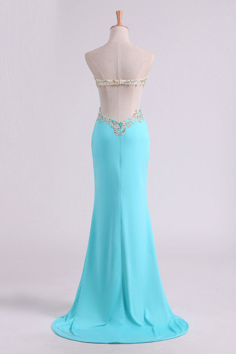2024 Sexy Prom Dresses Sheath With Slit And Applique Sweep Train Spandex
