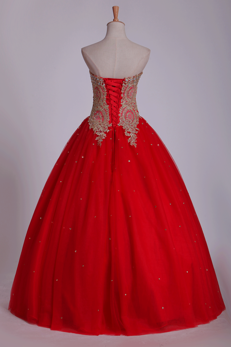 2022 Sweetheart Quinceanera Dresses Ball Gown Tulle With Beads & Applique Floor Length Red