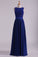 2022 Dark Royal Blue Prom Dresses Scoop A Line Chiffon With Beading Floor Length