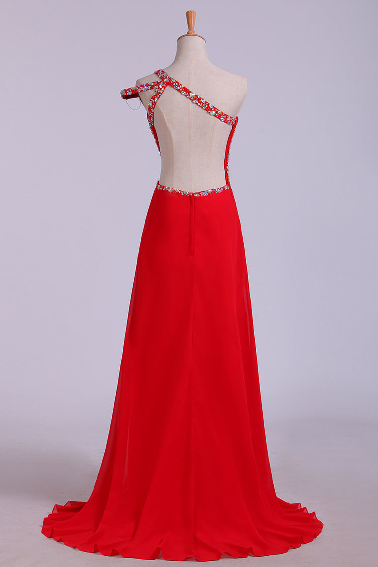 2022 Prom Dresses Sheath Split Front Floor Length One Shoulder Color Red