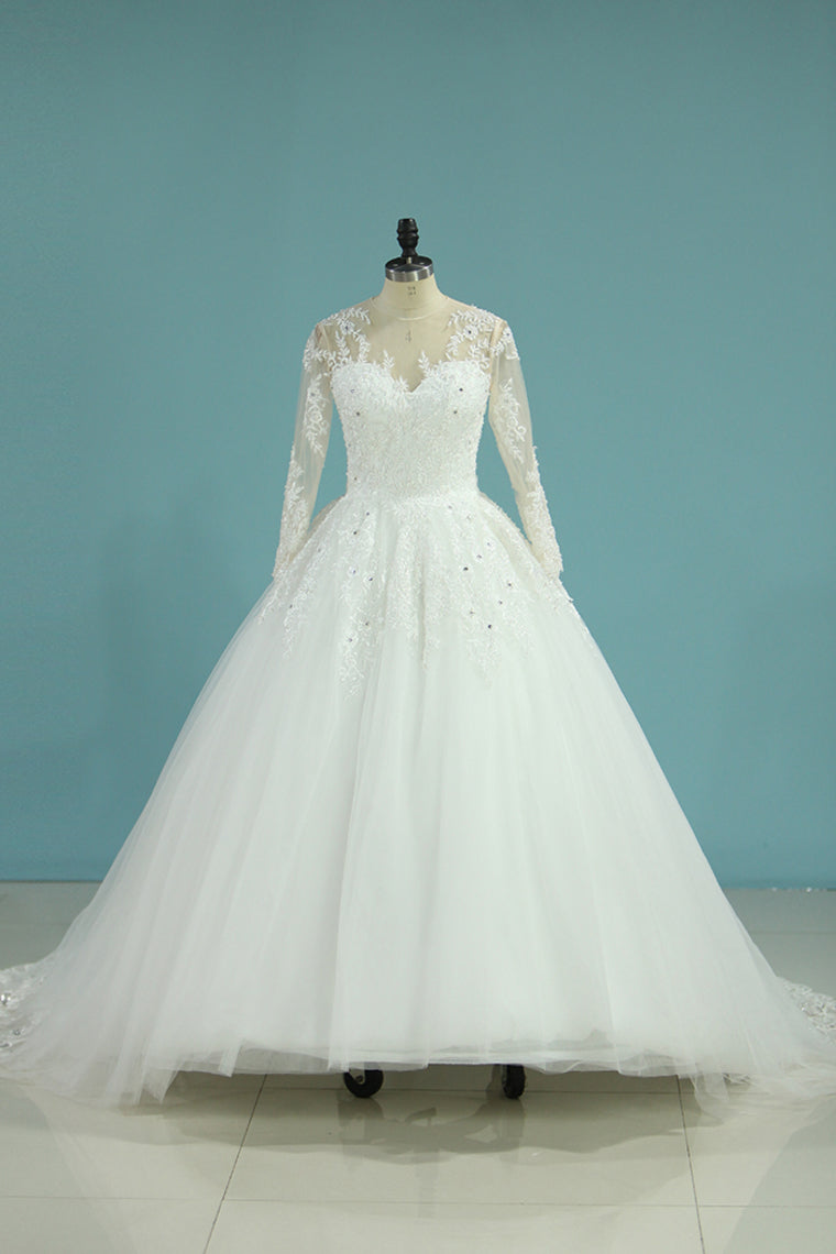 2024 Wedding Dresses Scoop Long Sleeves A Line Tulle With Applique And Beads