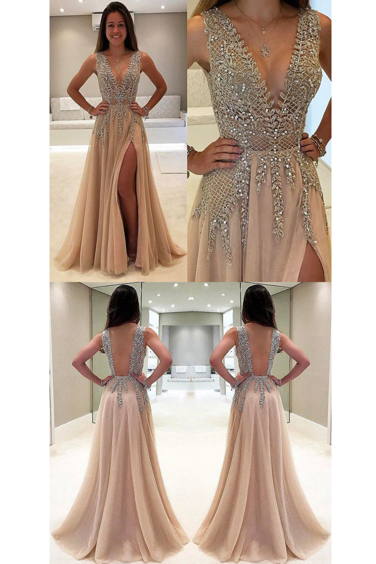2024 Tulle Prom Dresses A Line V Neck With Beads And Slit Open Back