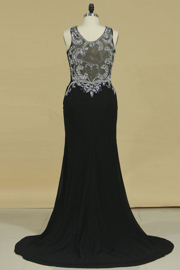 2022 Prom Dresses Sheath Scoop Chiffon With Beads And Slit Sweep Train