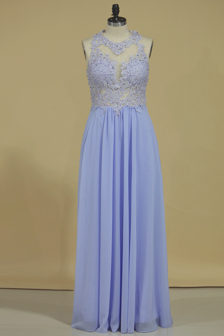 2022 Prom Dresses Open Back Scoop Chiffon With Applique And Beads Sweep Train A Line
