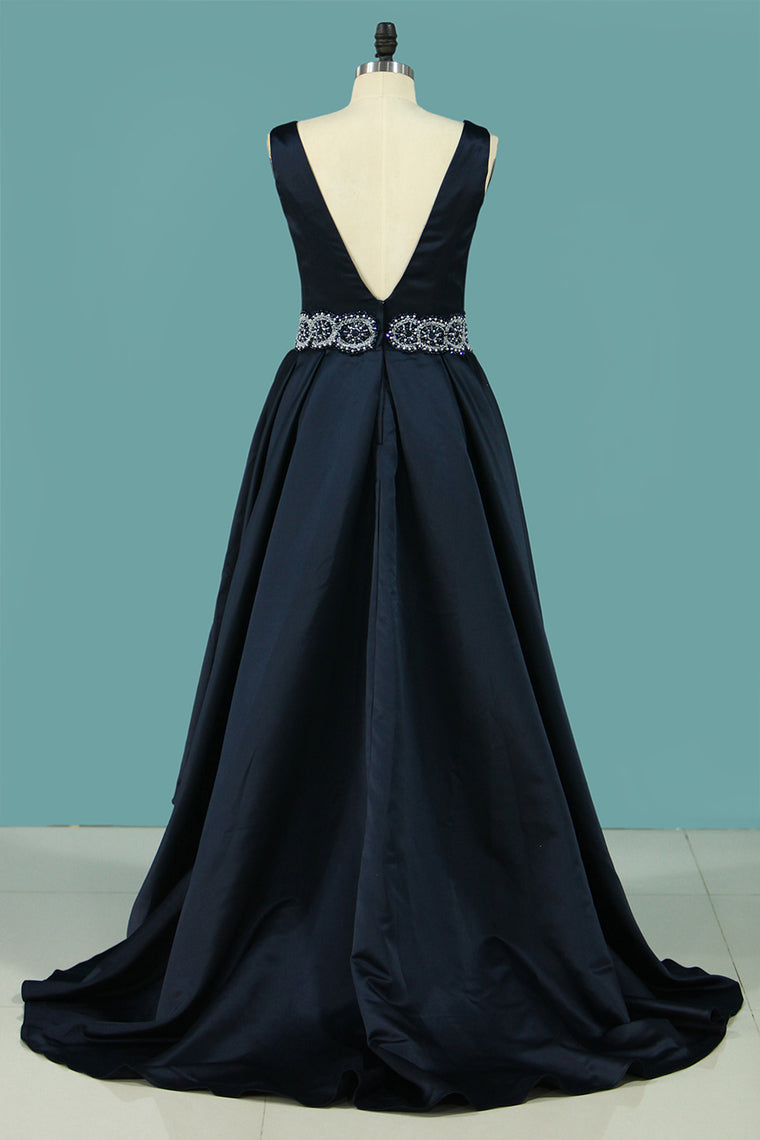 2024 V Neck A Line Satin Prom Dresses With Beaded Waistline Asymmetrical