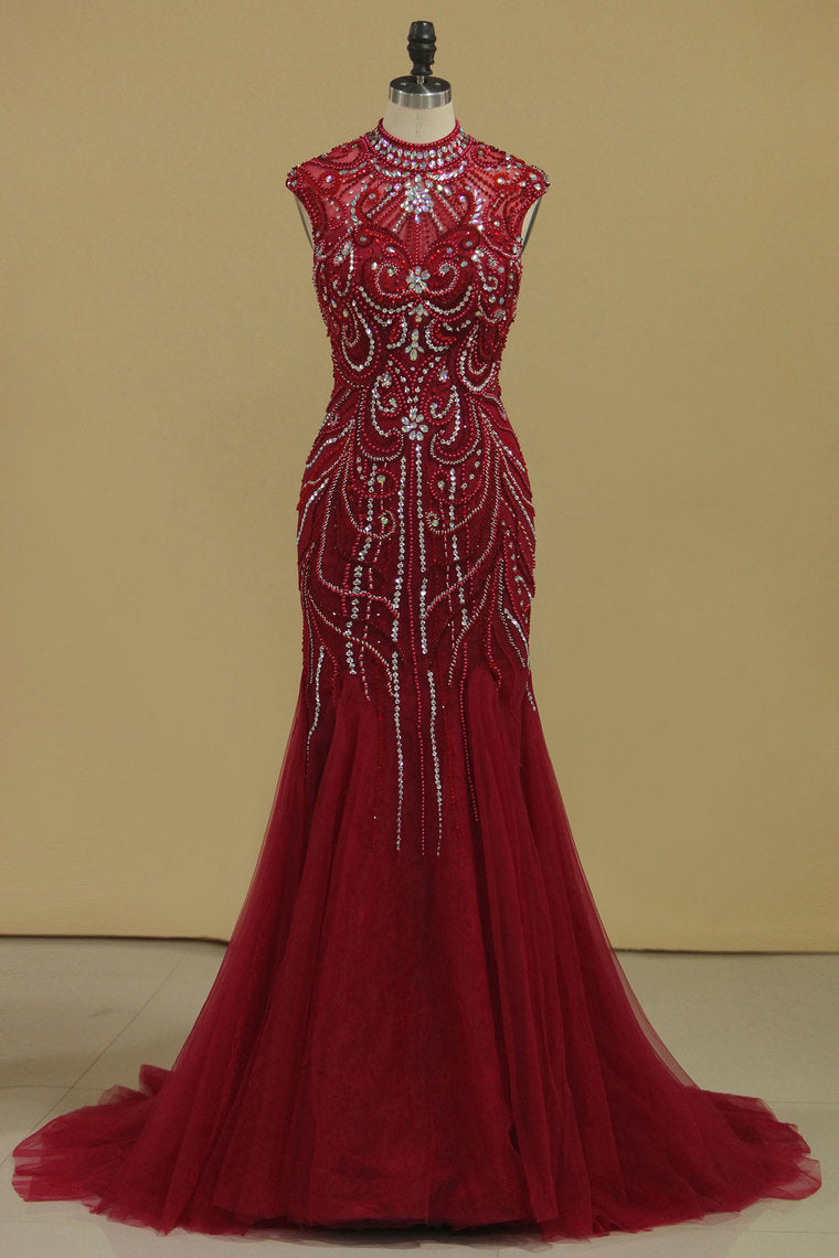 2024 Burgundy Prom Dresses High Neck Mermaid With Beading Sweep Train Tulle&Lace