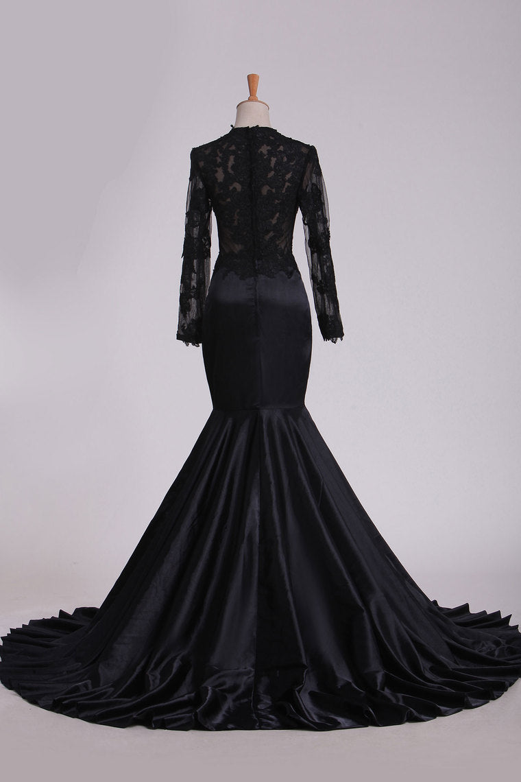 2022 Evening Dresses Scoop Long Sleeve With Applique Mermaid Elastic Satin