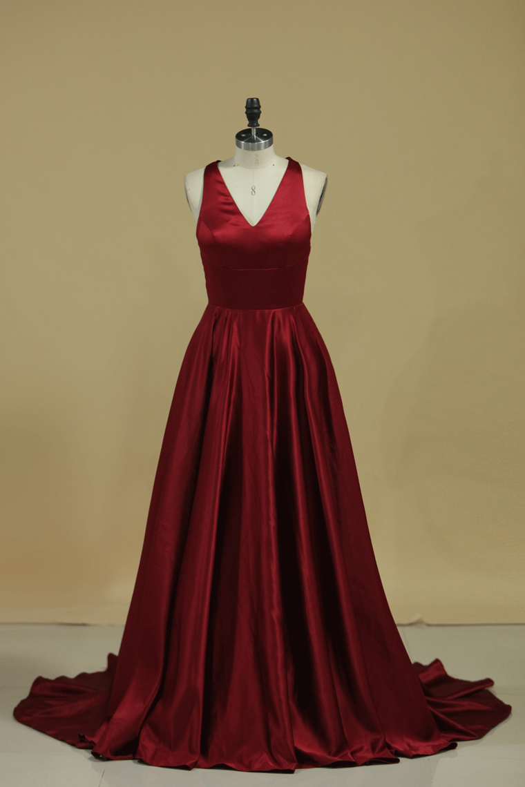 2022 Red V Neck Evening Dresses A Line Sweep Train  With Slit & Ruffles
