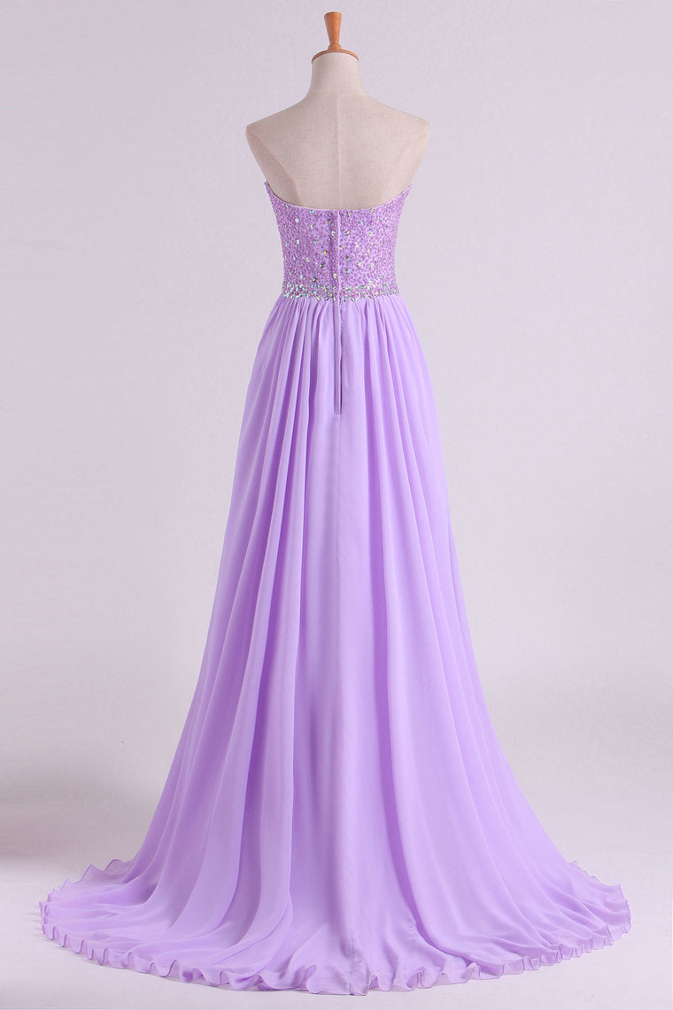2022 Sweetheart Beaded Bodice Prom Dresses Chiffon With Slit A Line