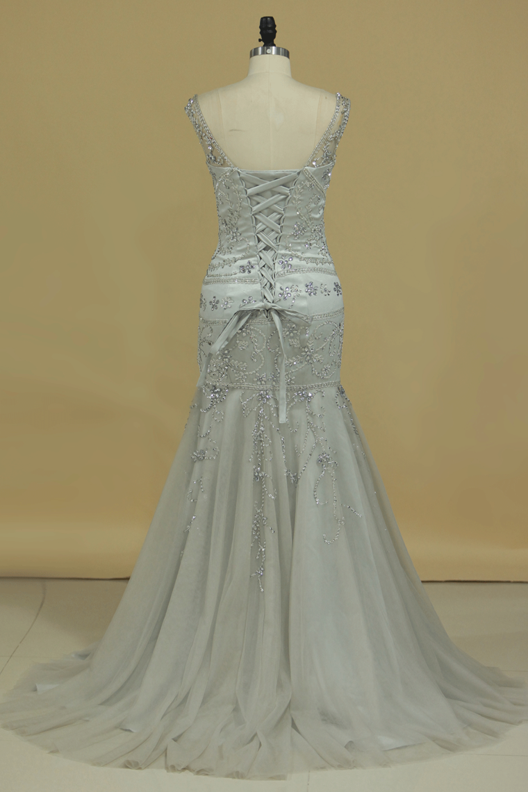 2022 Straps Prom Dresses Mermaid With Beading Sweep Train