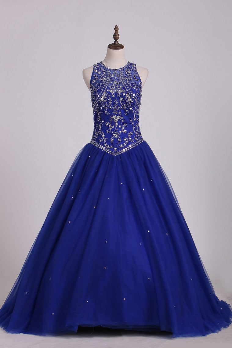 2022 Dark Royal Blue Scoop Quinceanera Dresses Ball Gown Tulle With Beading Court Train