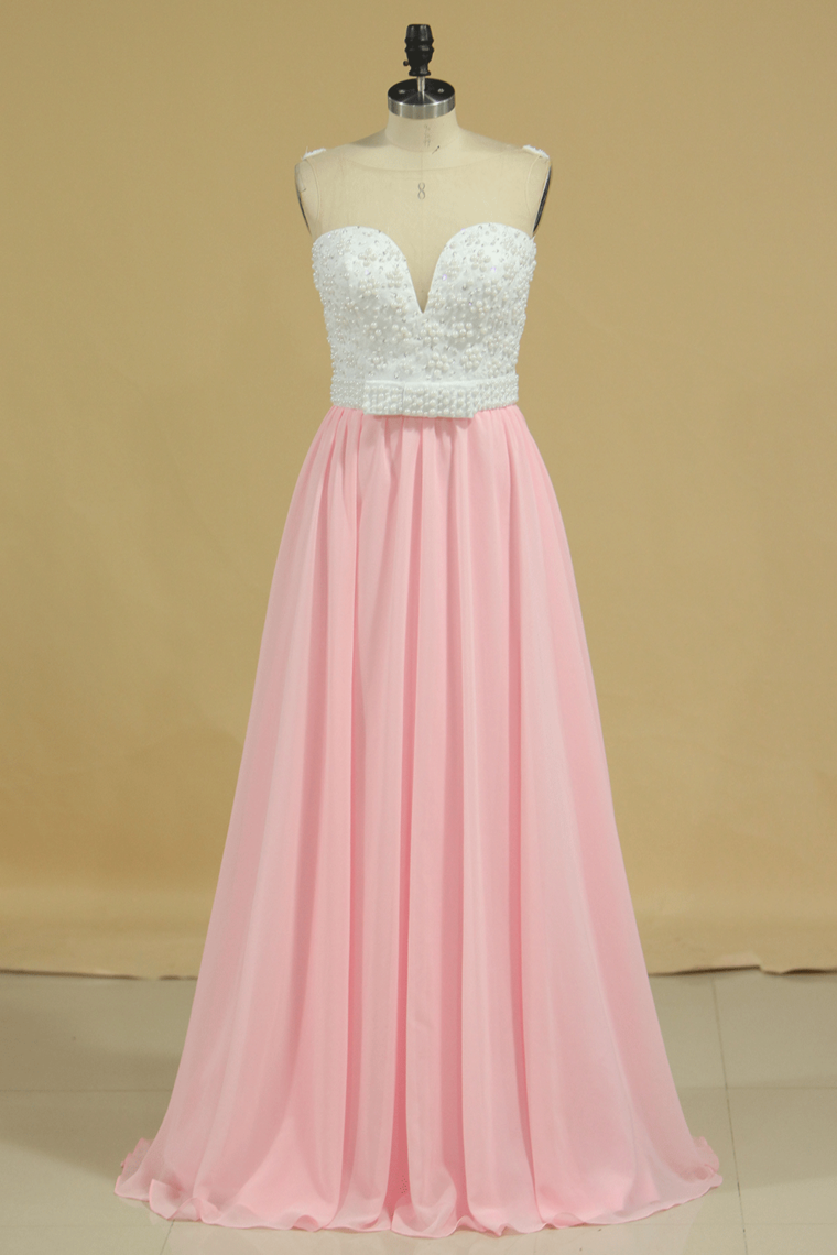 2022 New Arrival Prom Dresses Scoop A Line Chiffon With Beading Sweep Train