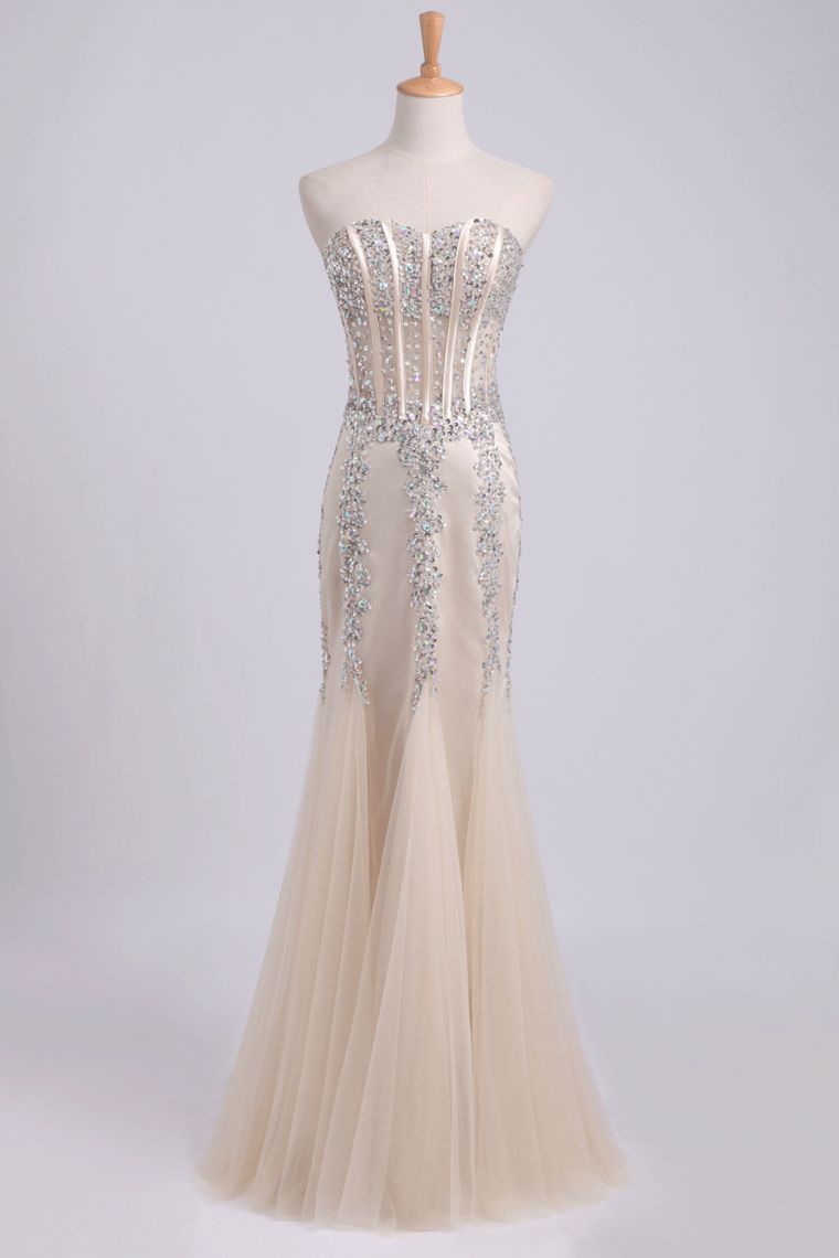 2024 Prom Dress Sweetheart Mermaid Embellished With Beads Tulle Floor Length